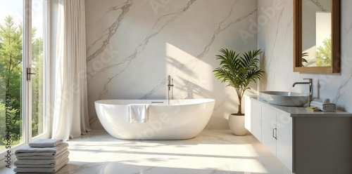 Wallpaper Mural Sun-drenched marble bathroom with freestanding tub, plush towels, and abundant natural light; evoking tranquility and high-end relaxation , tub, white, house Torontodigital.ca