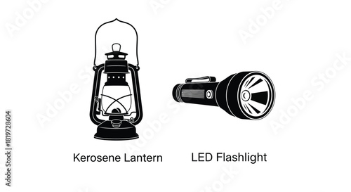 A vintage kerosene lantern and a modern led flashlight side by side