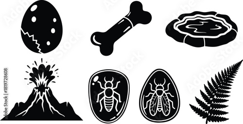 Set of prehistoric and natural icons including egg bone volcano insect and fern vector illustration