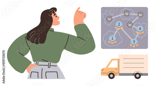 Woman pointing at digital map and delivery truck, highlighting strategic logistics planning. Ideal for logistics, strategy, technology, delivery, business efficiency, route optimization, supply
