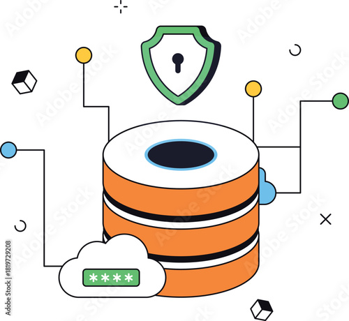 Data server protection with password shield cloud computing isometric flat vector illustration