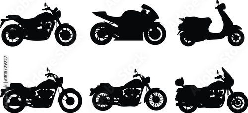 Motorcycle and scooter silhouette set different styles classic and modern bikes vector illustration