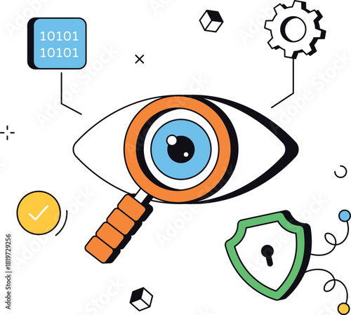 Data vulnerability assessment with magnifying glass shield and binary code isometric flat vector illustration