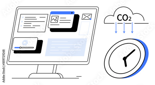 Computer monitor displaying browser windows, email, and video player alongside a cloud labeled CO2 and a clock. Ideal for sustainability, technology, time tracking, carbon emissions, digital economy