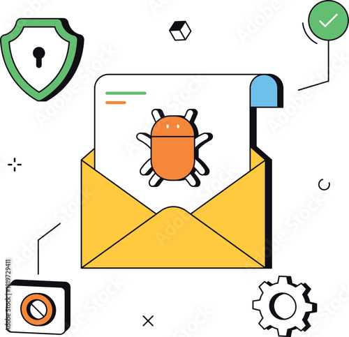 Email virus attachment on network security isometric flat vector illustration