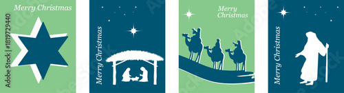 Nativity scene. Background for greeting card. 2026. Christmas greeting card. Blue and green backgrounds. Vector