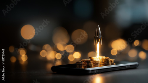 Rocket launching from smartphone surrounded by golden coins defocused financial background symbolizes successful startup investment screen growth visualization entrepreneurial