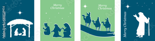 Nativity scene. Background for greeting card. 2026. Christmas greeting card. Blue and green backgrounds. Vector