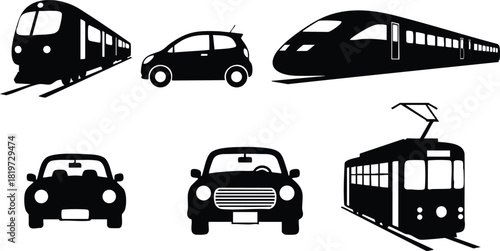 Black silhouette transport icons with trains cars and tram vector illustration