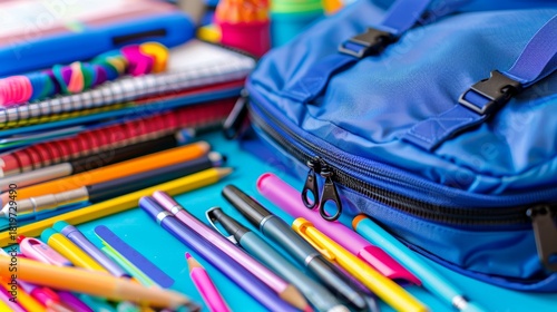 Neatly arranged school supplies featuring a blue backpack and vibrant stationery for back to school