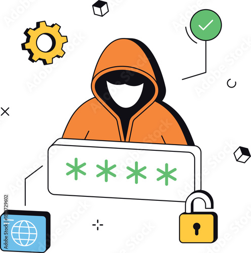 Hacker attack on security password padlock data isometric flat vector illustration