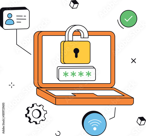 Laptop security password protection with padlock cyber data isometric flat vector illustration