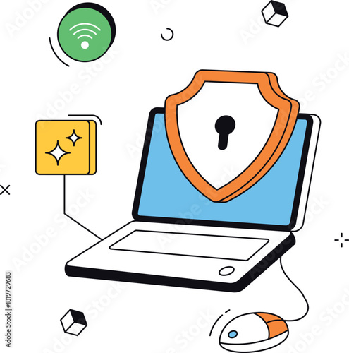 Laptop security with shield and wifi protecting data isometric flat vector illustration
