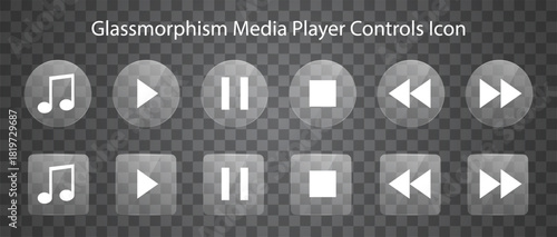 Glassmorphism media player controls icon set with music, play, pause, stop, rewind, and fast forward buttons.