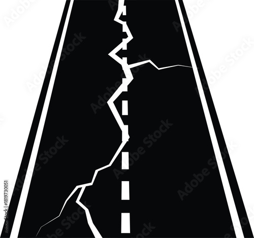 Cracked road earthquake damage asphalt street highway crack illustration eps silhouette