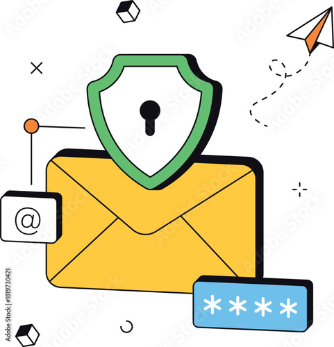 Secure email communication with password shield protection isometric flat vector illustration