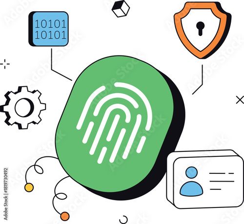 Secure identity verification with fingerprint id card shield isometric flat vector illustration