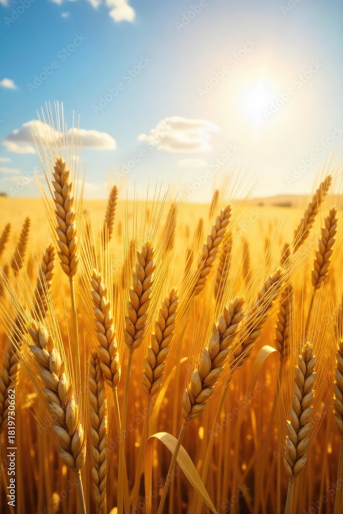 Fototapeta premium Golden wheat field shimmering under a bright summer sun, ready for harvest Abundant crop, ripe and golden, swaying gently in the breeze A bountiful harvest awaits , harvest, golden rays