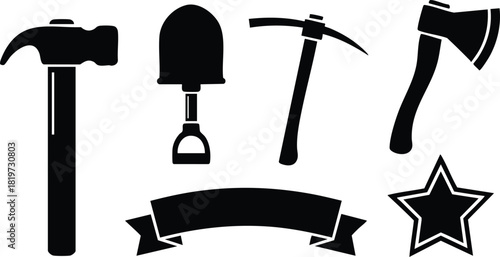 Construction tools hammer shovel pickaxe axe star ribbon decorative vector illustration