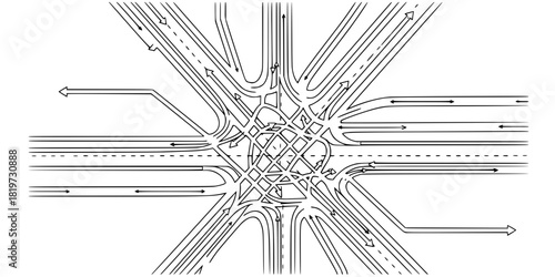 Multichannel Route Intersection Four-Way Flat Vector Diagram