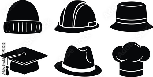 Collection of six different hat styles including beanie hard hat graduation cap fedora and chef hat vector illustration