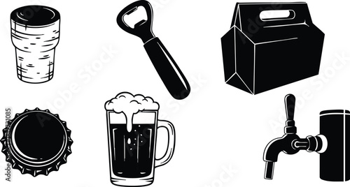 Beer mug bottle opener cap tap handle takeout box cup vector illustration