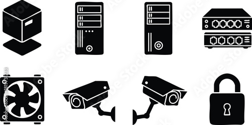 Security technology icons set with server computer fan camera and lock vector illustration