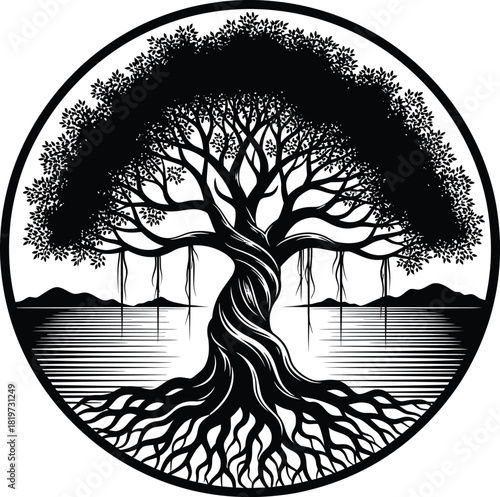 Banyan tree of life vector illustration nature landscape silhouette eps
