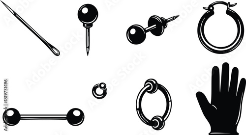 Set of black silhouette piercing jewelry needles rings and hand vector illustration