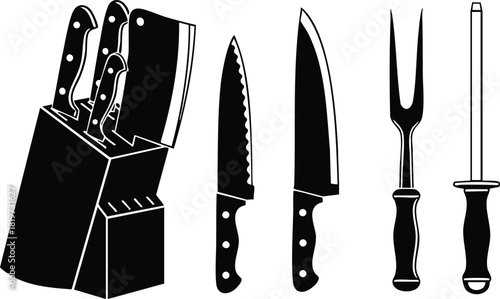 Kitchen knife set with block and sharpening steel carving fork cutting tools vector illustration