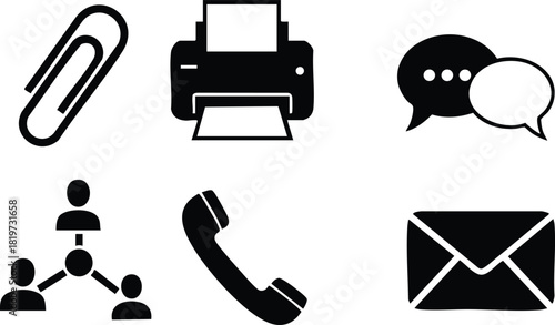 Office communication icons set clipart vector illustration paperclip printer phone mail chat network design