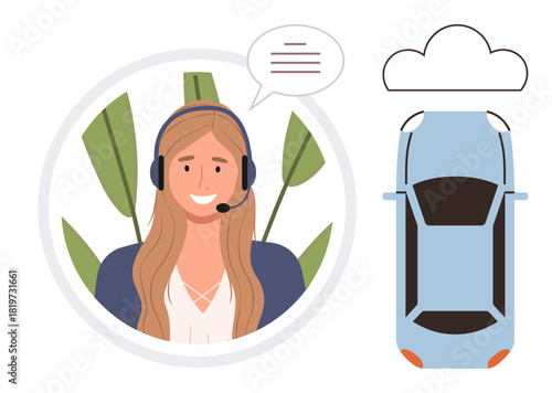 Smiling woman with headset provides support next to cloud-connected car icon. Ideal for customer service, technical support, remote assistance, cloud technology, transportation, communication, simple