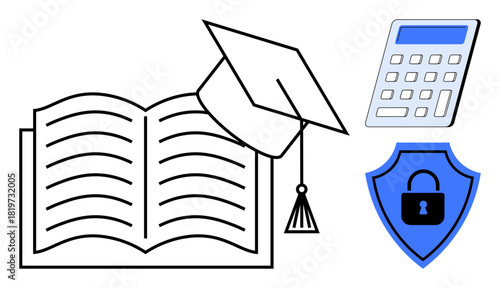 Open book with graduation cap, calculator, and shield with lock combines education, learning support, finance, data privacy, academic achievement, security and digital literacy. Ideal for simple