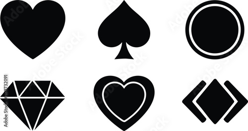 Black and white vector set of six playing card symbols hearts spades circle diamond and arrows icons