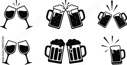 Alcoholic drinks wine glasses and beer mugs clinking cheers celebration vector illustration