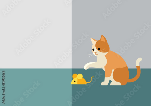 Minimalist vector illustration of an orange cat playing with a small yellow toy mouse.