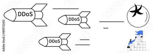 Missiles labeled DDoS flying toward defense system with turbine shield and engineer on bricks. Ideal for cybersecurity, cyber defense, DDoS attacks, hacking prevention, IT security, digital warfare