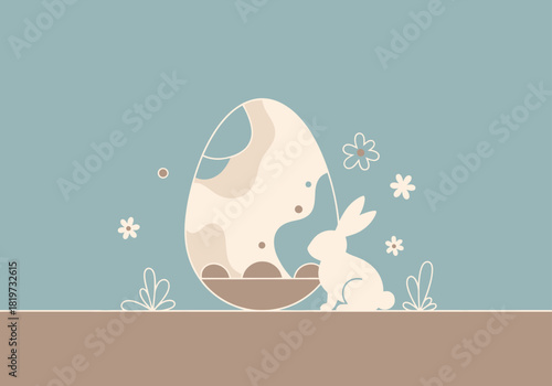 Minimalist vector illustration of an Easter rabbit beside a decorated holiday egg in soft pastel colors.