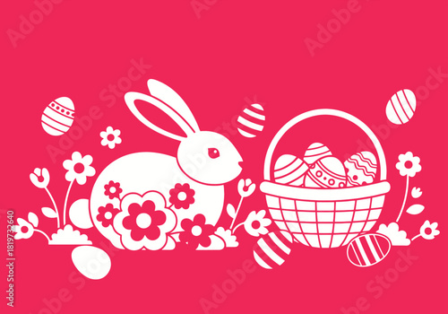 Simple graphic illustration of a white Easter bunny, basket of eggs, and spring flowers on a bright pink background.