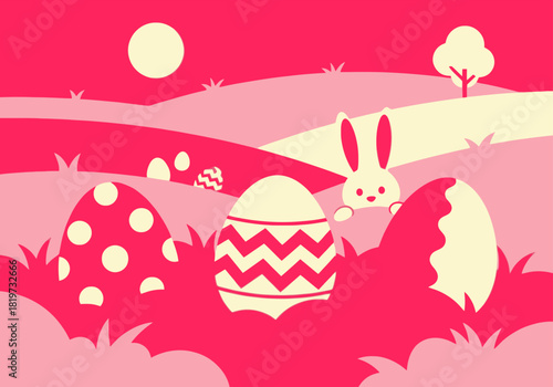 Minimalist vector illustration of decorated Easter eggs and a bunny hiding in pink rolling hills.