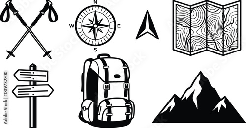 Hiking equipment set with backpack compass map mountain and trekking poles vector illustration