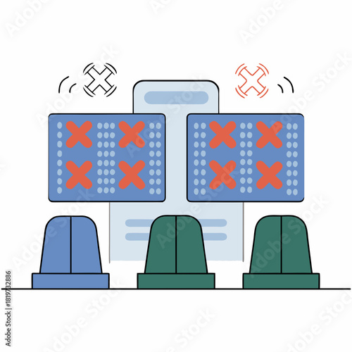 A dystopian travel checkpoint with coded flight listings and glowing red digital patterns.