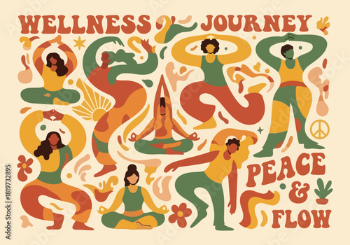 Groovy retro vector illustration of diverse figures practicing yoga for wellness, peace, and flow.