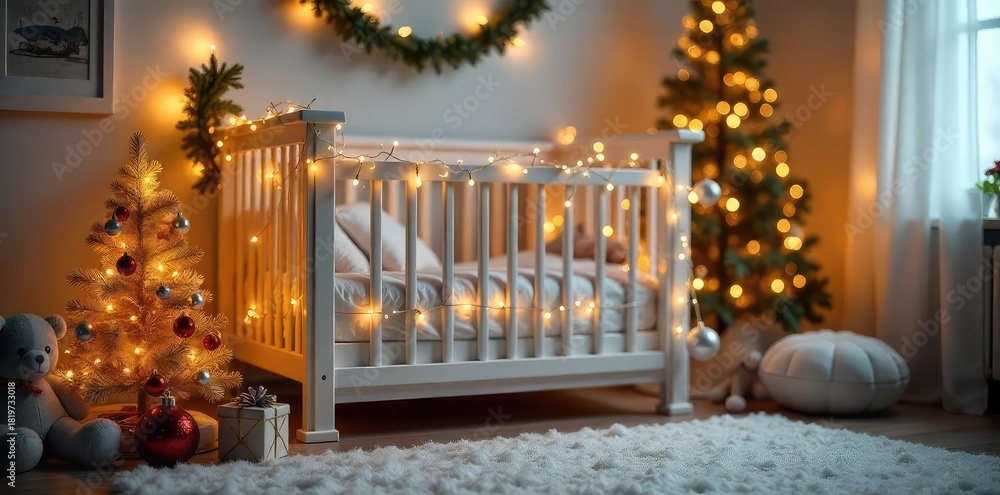 Obraz premium Adorable crib adorned with miniature Christmas trees, twinkling fairy lights, and festive ornaments, creating a magical holiday scene for a cozy nursery , lights, cotton, scene