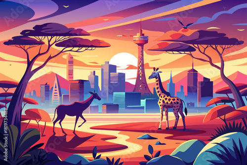 Dawn with giraffes in the foreground, a combination of wildlife and modern cityscape, a vibrant African sunrise scene, a unique harmony of urban nature and atmospheric travel inspiration.