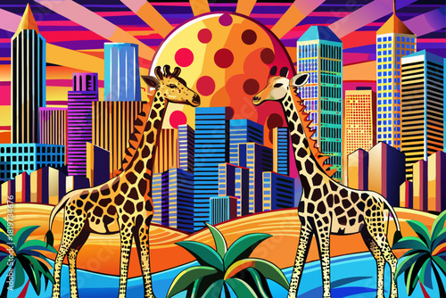 Dawn with giraffes in the foreground, a combination of wildlife and modern cityscape, a vibrant African sunrise scene, a unique harmony of urban nature and atmospheric travel inspiration.