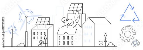 Modern cityscape with solar panels on roofs, wind turbines, trees, recycling triangle, and mechanical gear. Ideal for sustainability, green energy, renewable resources, urban planning eco-friendly