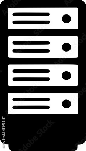Server Rack Black Silhouette on White Background, Minimal Network Technology Icon