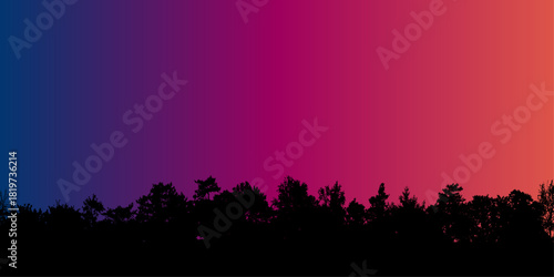 Forest silhouette vector background with vibrant sunset gradient sky midnight blue to fiery orange
