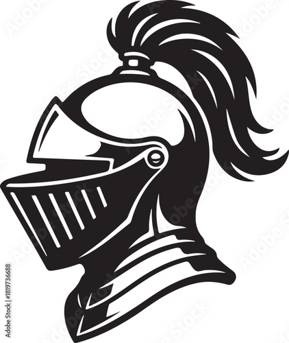 Stylized knight helmet vector illustration with plume, classic medieval armor head protection graphic design element